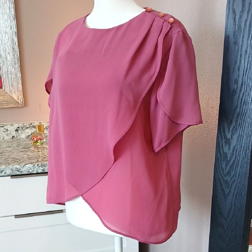 Vintage 80s Pink Chiffon Blouse Womens Short Sleeve Top Medium - Picture 2 of 8